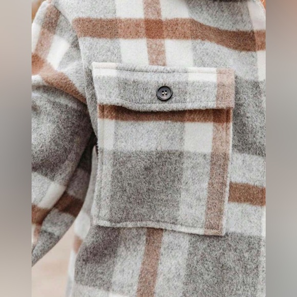Women's Plaid Shacket Light Grey/Brown - Picture 3 of 6